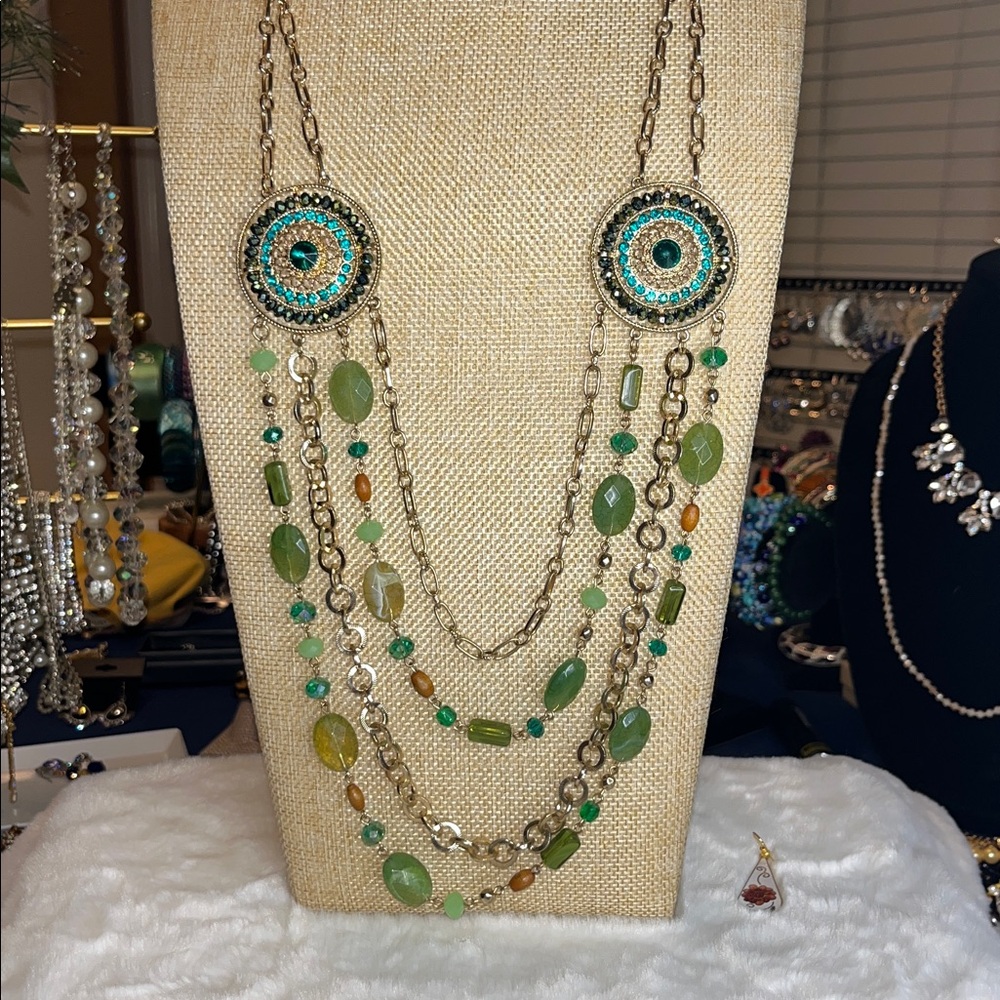 Elegant Green and Gold Multi Stand Crystal and Bead Bo Ho Nexklace - Picture 3 of 4